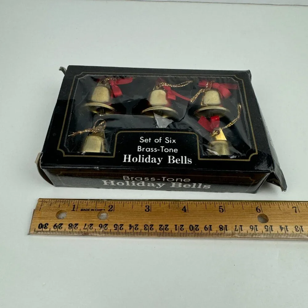 2 Vtg Pkgs Christmas Gold‎ Brass Tone Bells Jingle w Red Ribbon w Orig Box READ